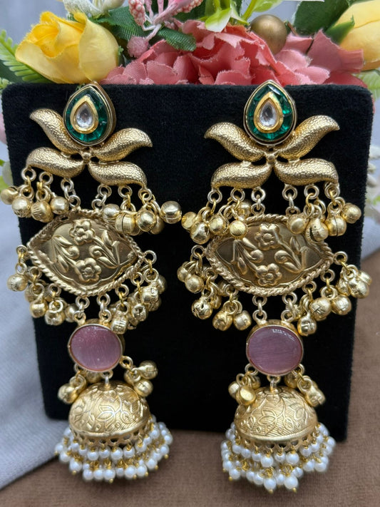 Handcrafted Gold-Plated Jhumka Earrings with Kundan & Pearl Detailing
