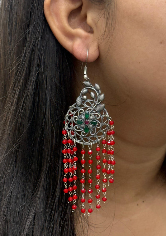 Menika Silver Look Alike Earings In Red For Women