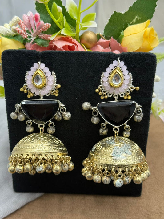 Ethnic Black Stone Kundan Jhumka Earrings in Antique Gold