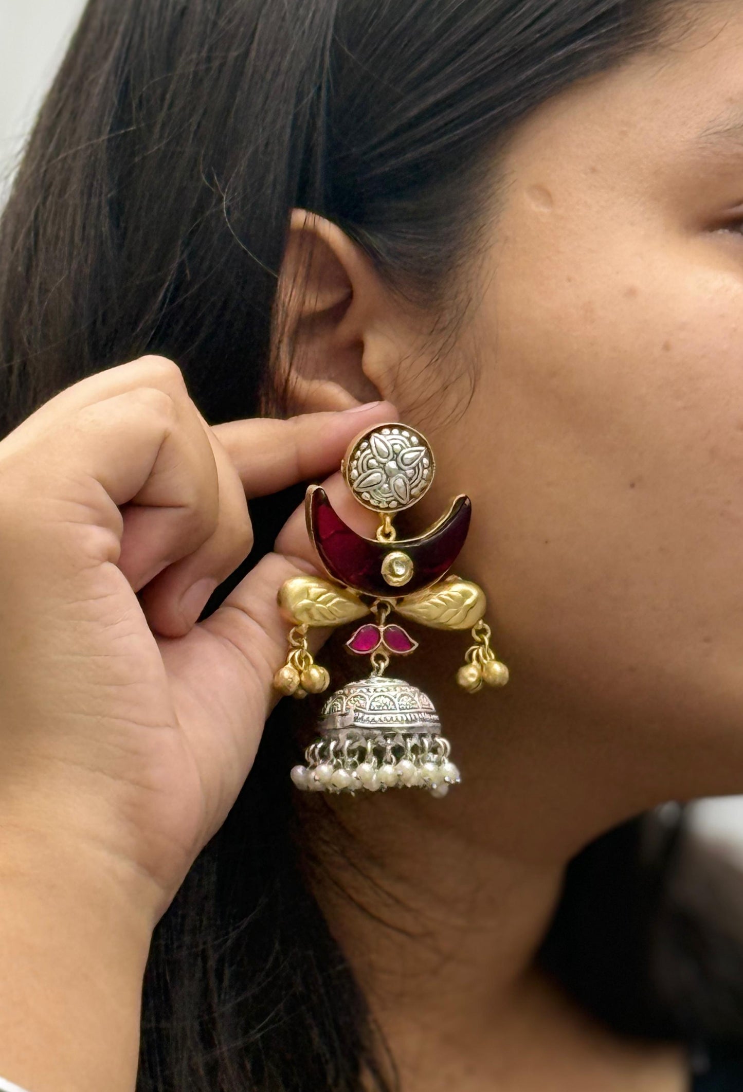 Dual-Tone Enamel Jhumka Earrings with Pearl Beads & Floral Design