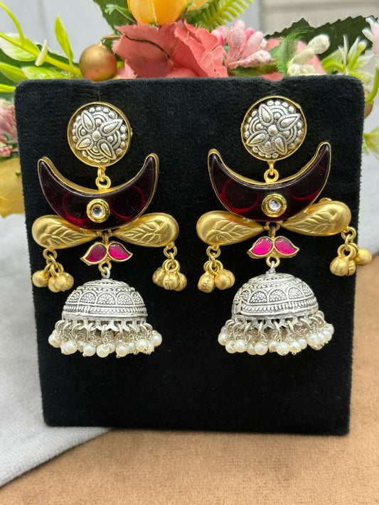 Dual-Tone Enamel Jhumka Earrings with Pearl Beads & Floral Design