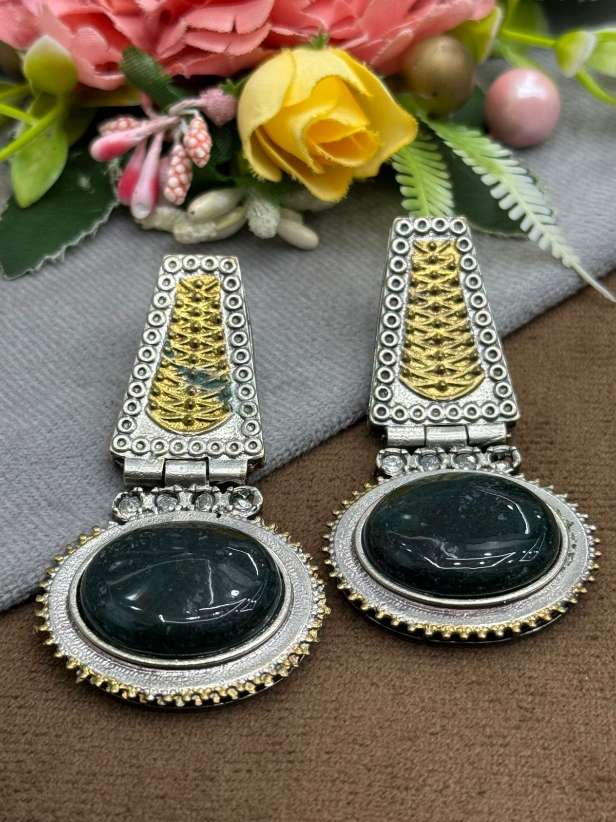 Handcrafted Dual-Tone Earrings with Green Stone and Ethnic Design