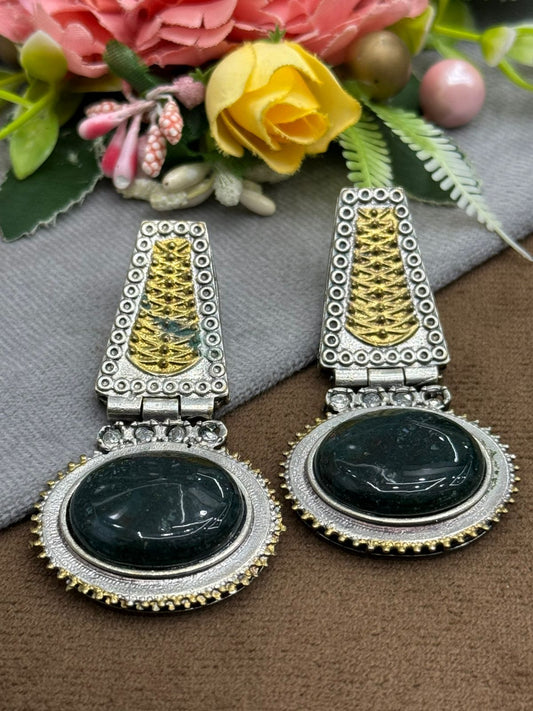 Handcrafted Dual-Tone Earrings with Green Stone and Ethnic Design