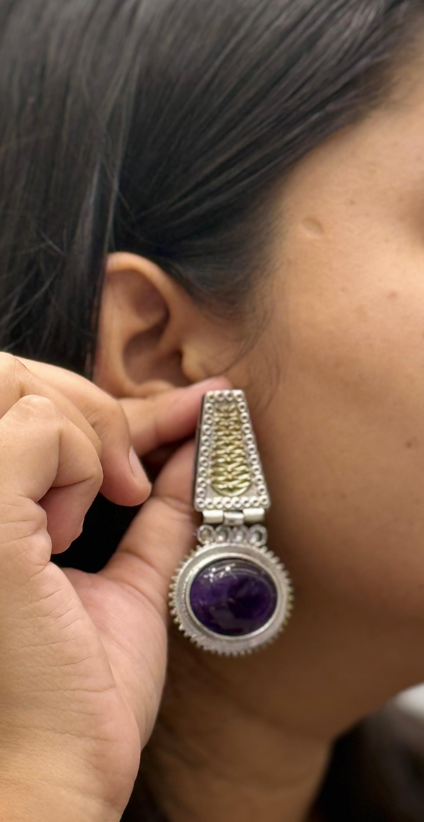 Handcrafted Dual-Tone Earrings with Purple Stone and Ethnic Design