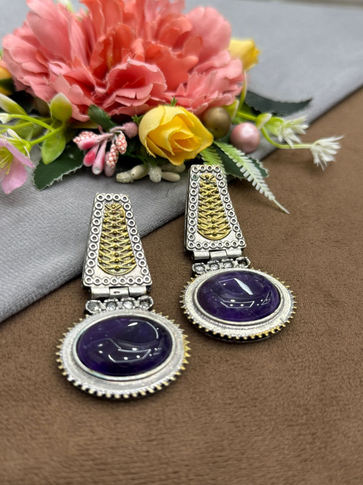 Handcrafted Dual-Tone Earrings with Purple Stone and Ethnic Design