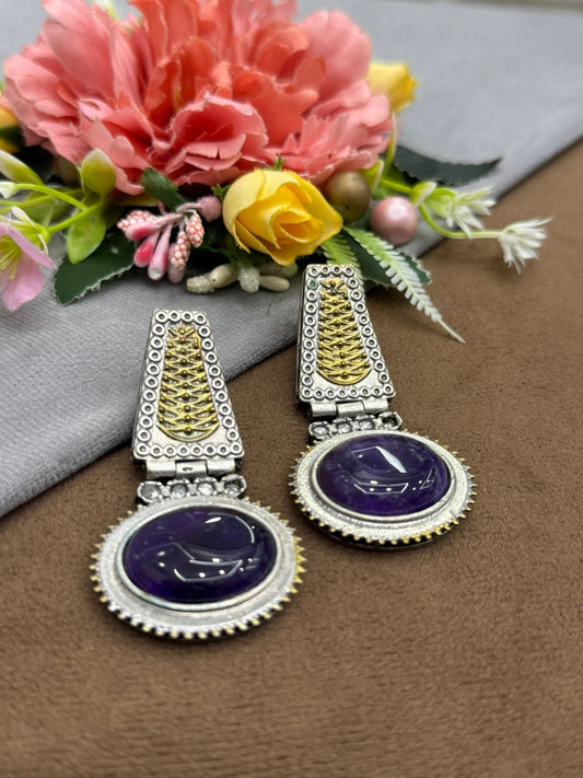 Handcrafted Dual-Tone Earrings with Purple Stone and Ethnic Design