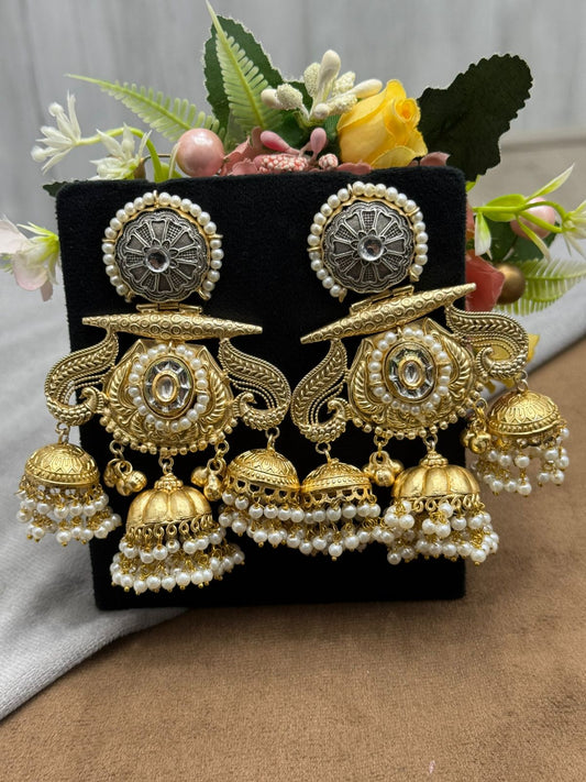 Heavy Gold-Plated Multi Jhumka Earrings with Kundan & Pearl Beads