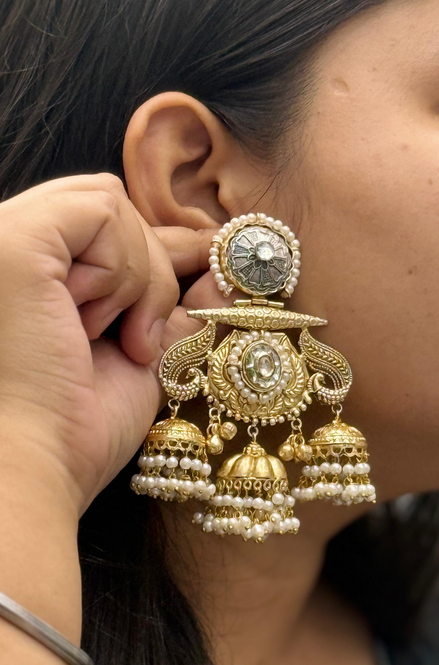 Heavy Gold-Plated Multi Jhumka Earrings with Kundan & Pearl Beads