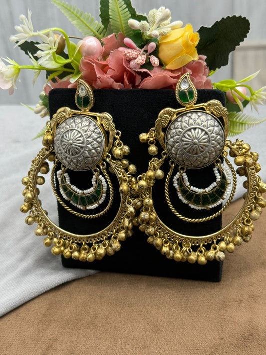 Antique Gold-Plated Hoop Earrings with Kundan, Green Enamel & Beaded Detailing