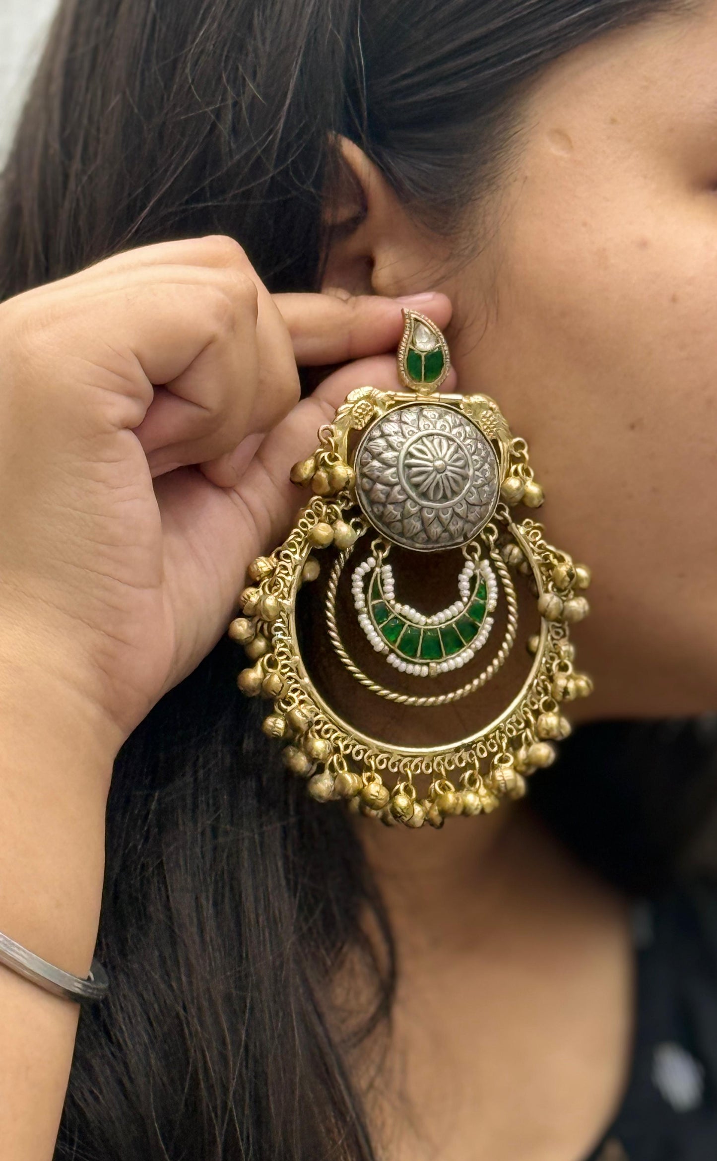 Antique Gold-Plated Hoop Earrings with Kundan, Green Enamel & Beaded Detailing