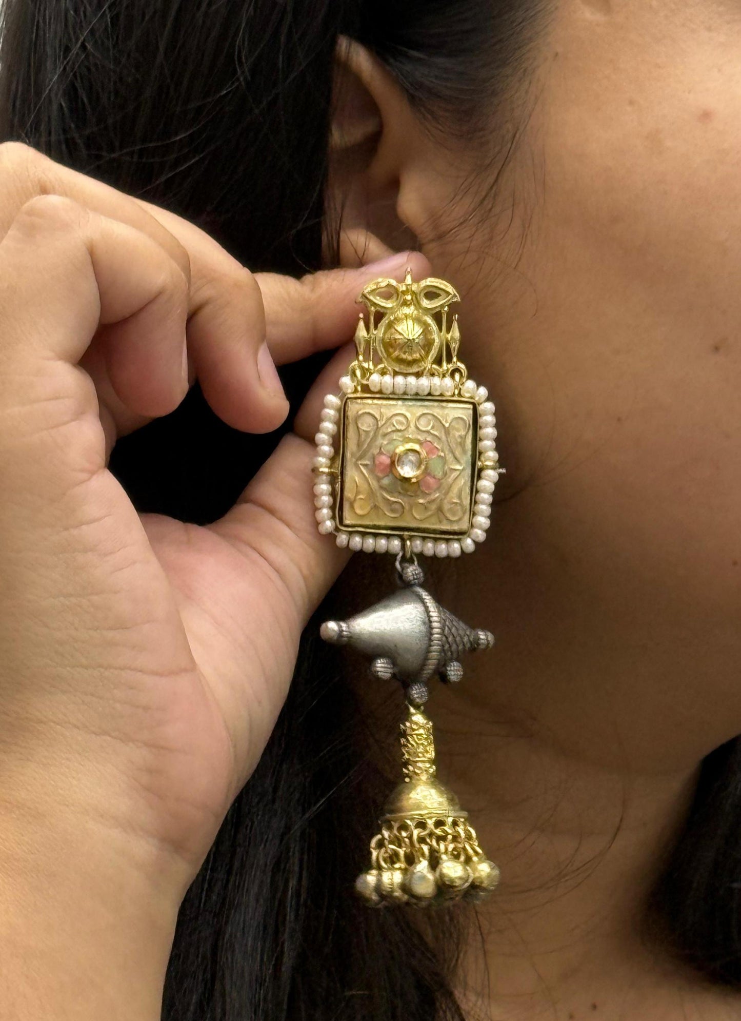 Ethnic Statement Earrings with Square Motif, Pearls & Antique Drops