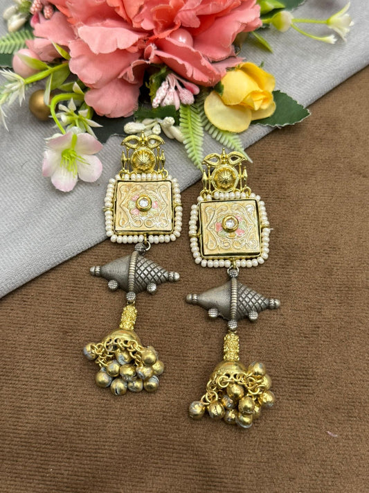 Ethnic Statement Earrings with Square Motif, Pearls & Antique Drops