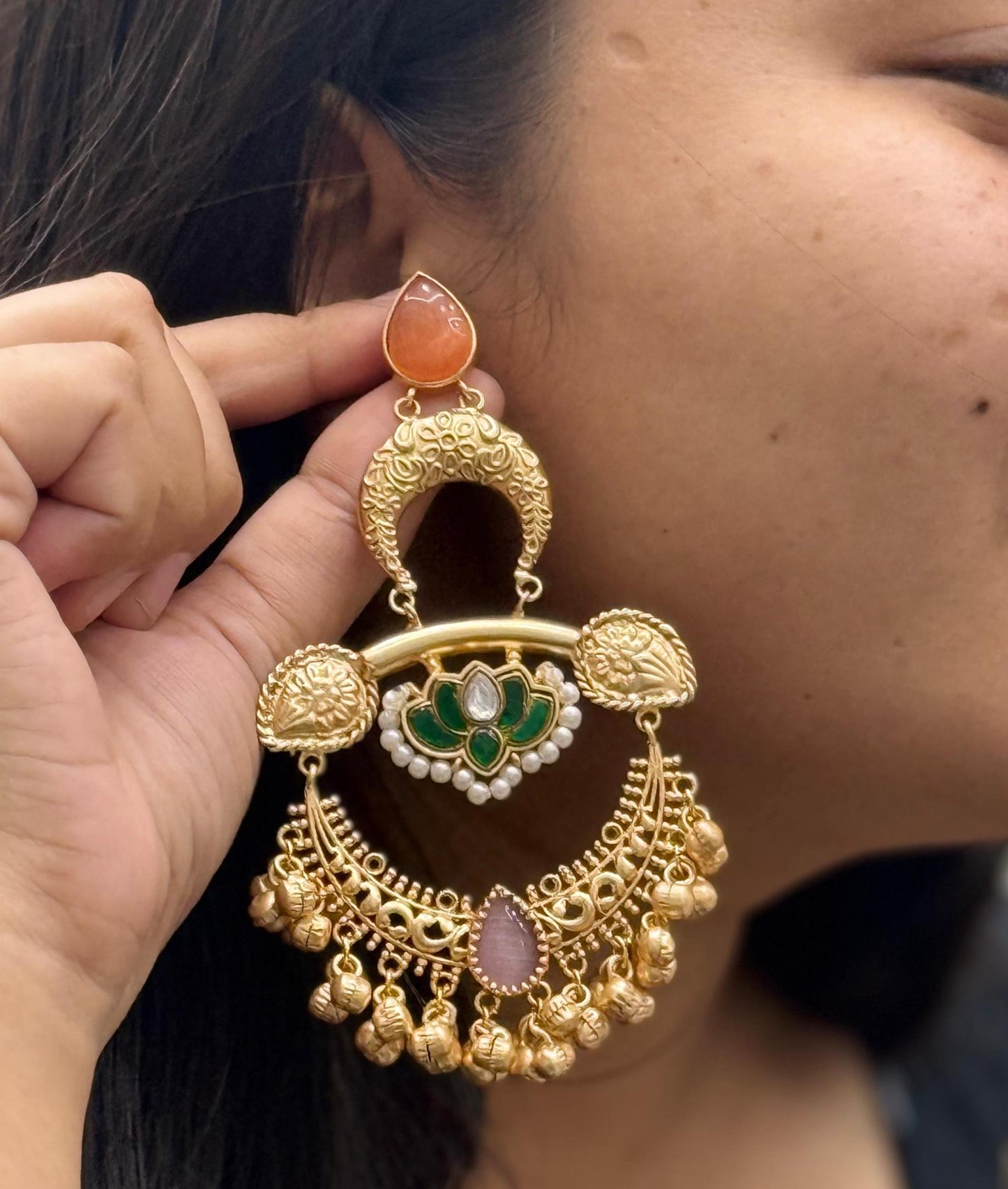 Ethnic Gold-Plated Chandbali Earrings with Enamel and Beaded Drops