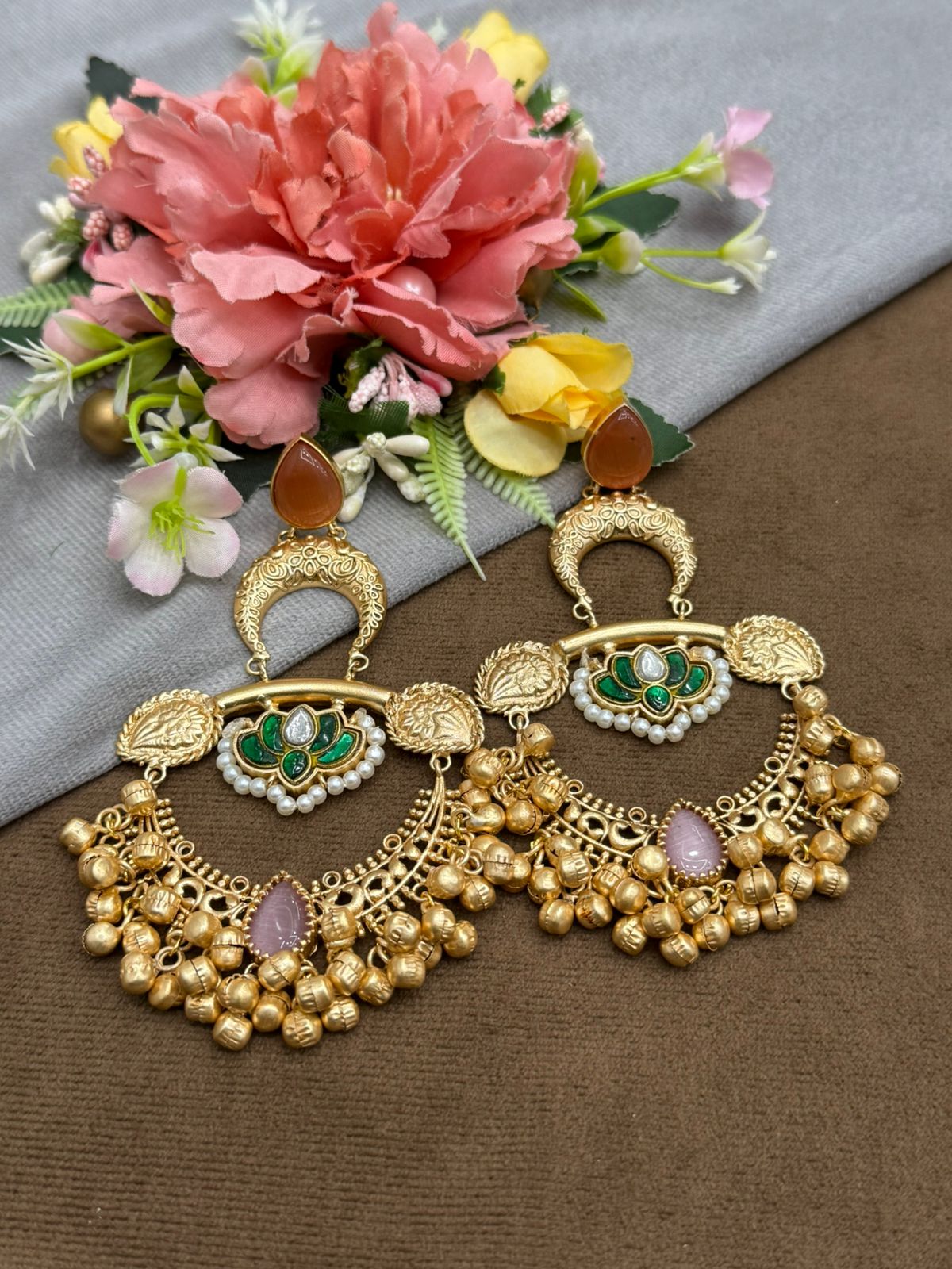 Ethnic Gold-Plated Chandbali Earrings with Enamel and Beaded Drops