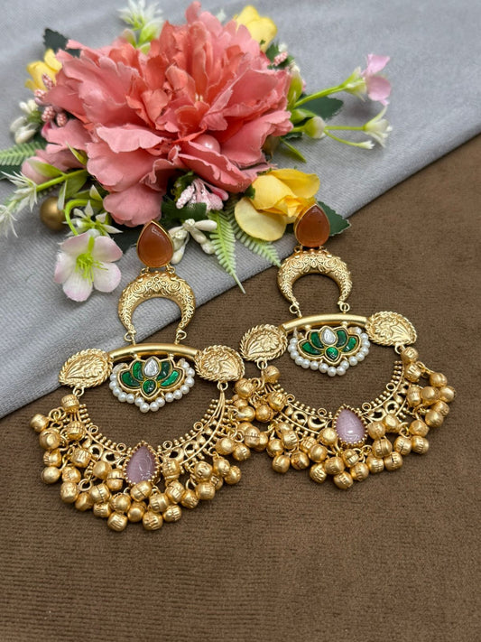 Ethnic Gold-Plated Chandbali Earrings with Enamel and Beaded Drops