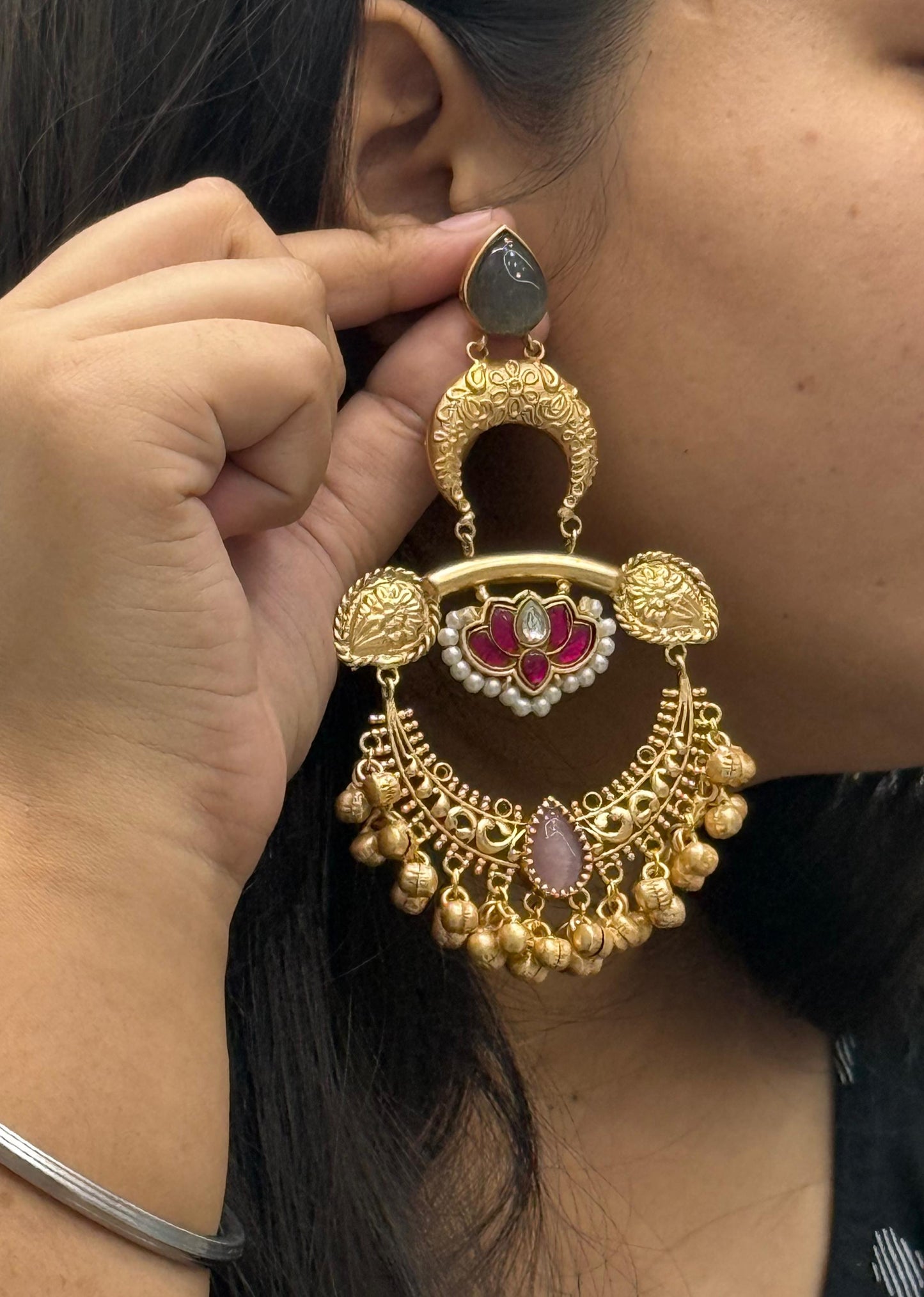 Gold-Plated Black Chandbali Earrings with Enamel and Beaded Drops
