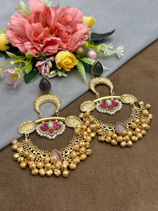 Gold-Plated Black Chandbali Earrings with Enamel and Beaded Drops