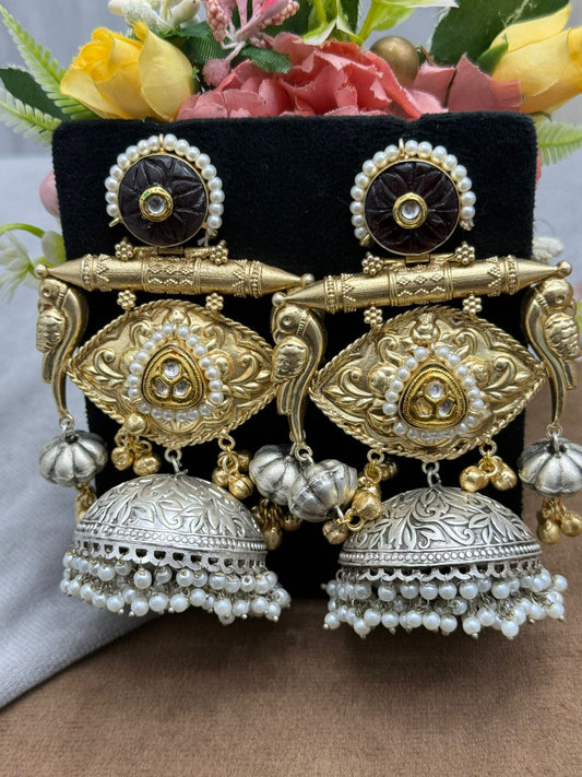Antique Gold-Silver Plated Jhumka Earrings with Peacock Motif & Pearls