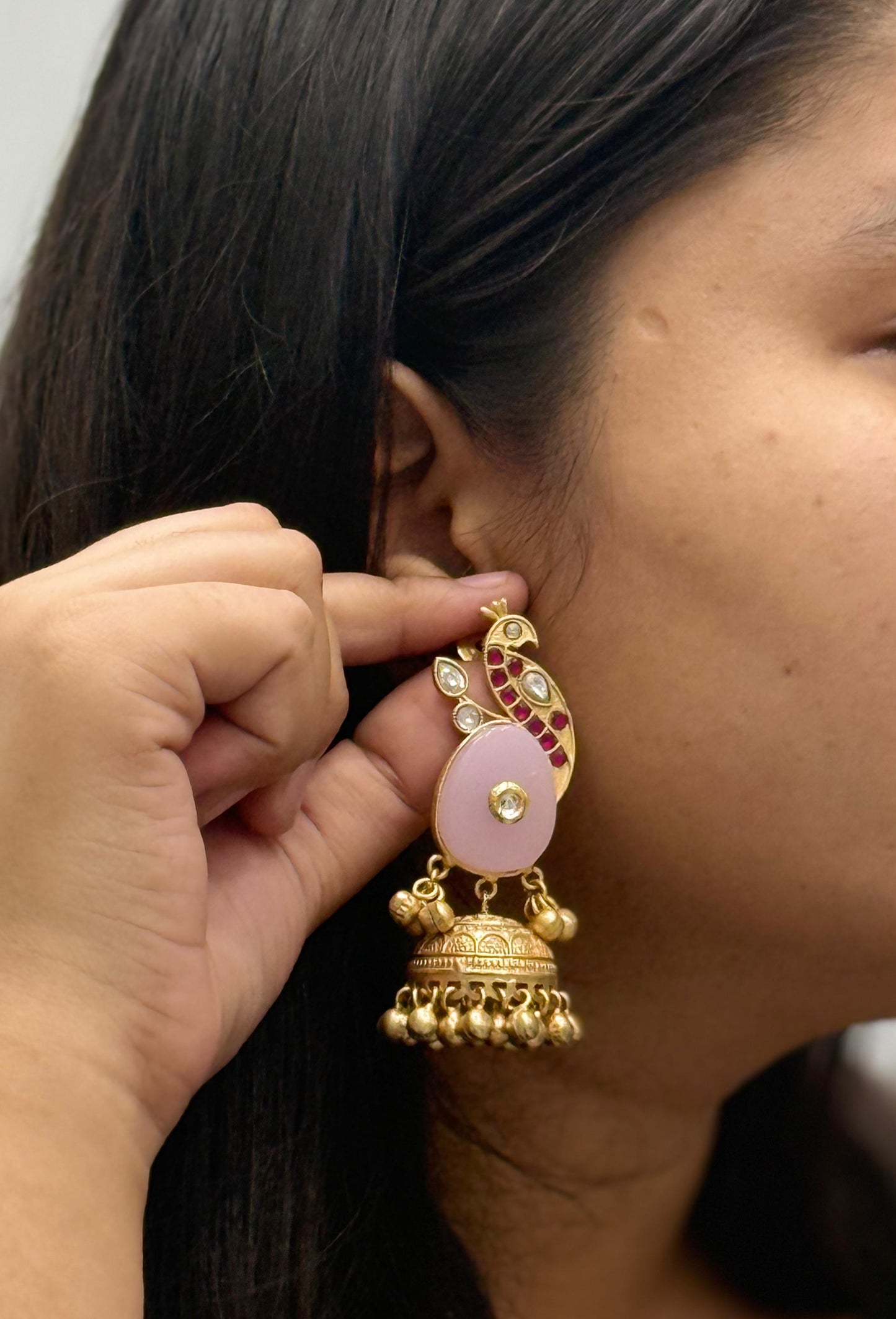 Gold-Plated Peacock Design Jhumka Earrings with Pink Stone & Kundan Detailing