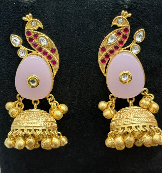 Gold-Plated Peacock Design Jhumka Earrings with Pink Stone & Kundan Detailing