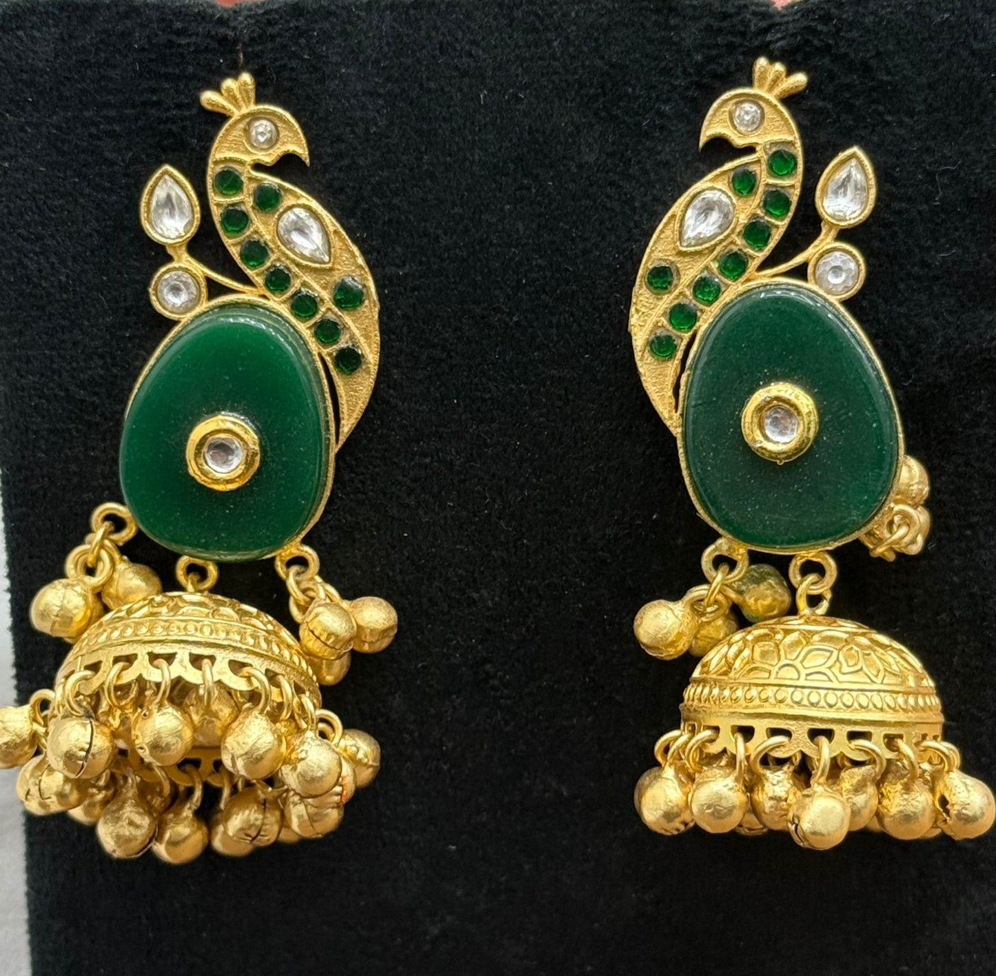 Gold-Plated Peacock Design Jhumka Earrings with Green Stone & Kundan Detailing