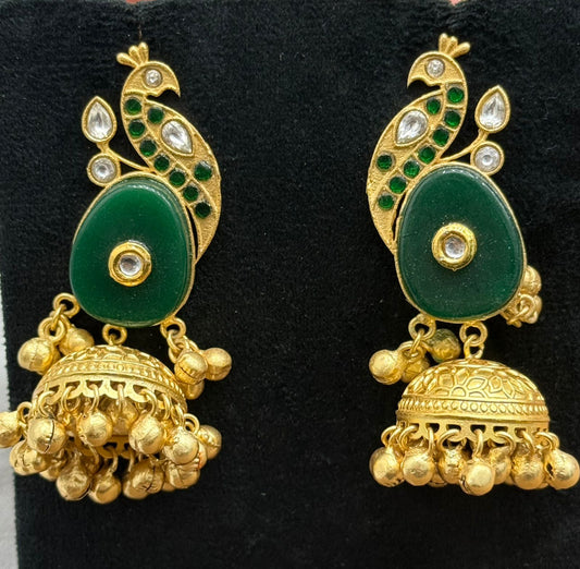 Gold-Plated Peacock Design Jhumka Earrings with Green Stone & Kundan Detailing