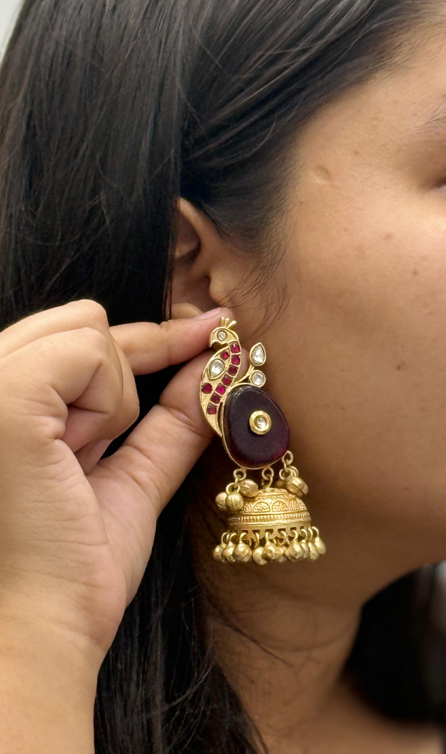 Gold-Plated Peacock Design Jhumka Earrings with Red Stone & Kundan Detailing