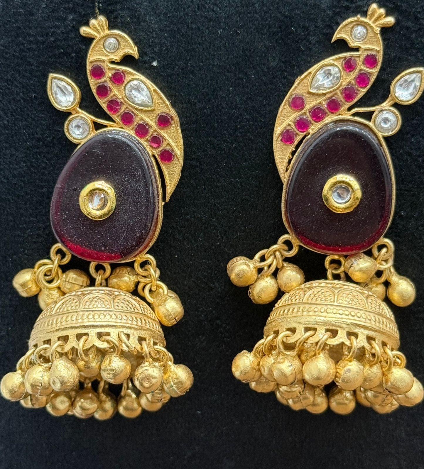 Gold-Plated Peacock Design Jhumka Earrings with Red Stone & Kundan Detailing