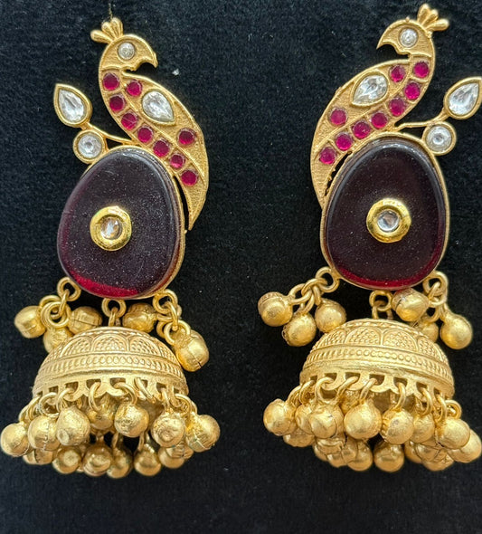 Gold-Plated Peacock Design Jhumka Earrings with Red Stone & Kundan Detailing
