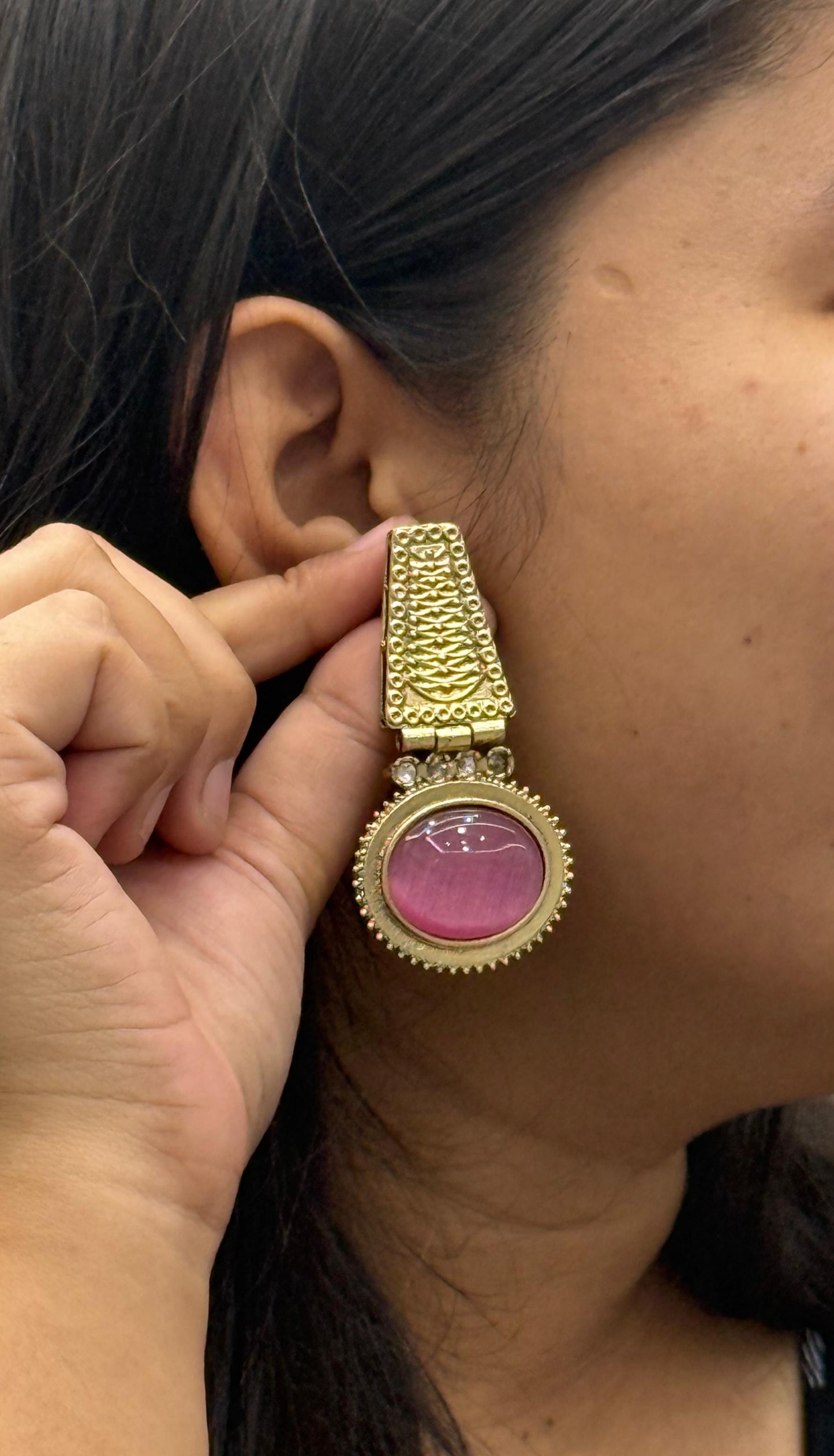 Handcrafted Dual-Tone Earrings with Pink Stone and Ethnic Design