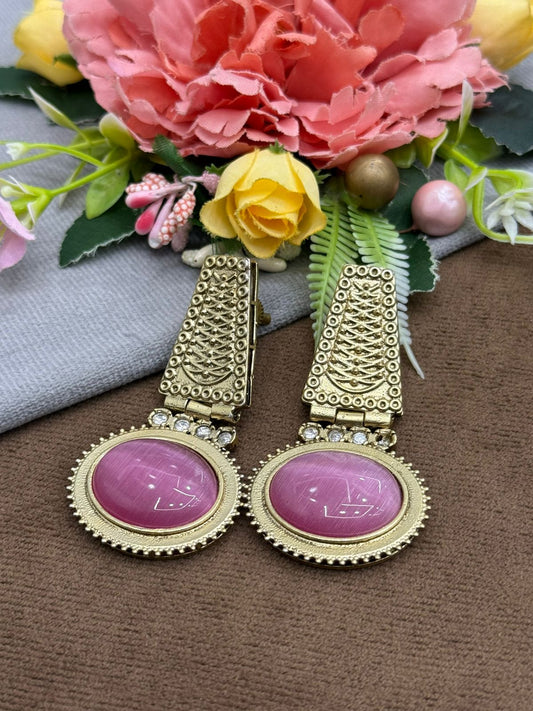 Handcrafted Dual-Tone Earrings with Pink Stone and Ethnic Design