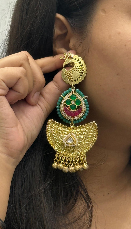 Long silver look alike in Golden Tone earrings in Turquoise for women