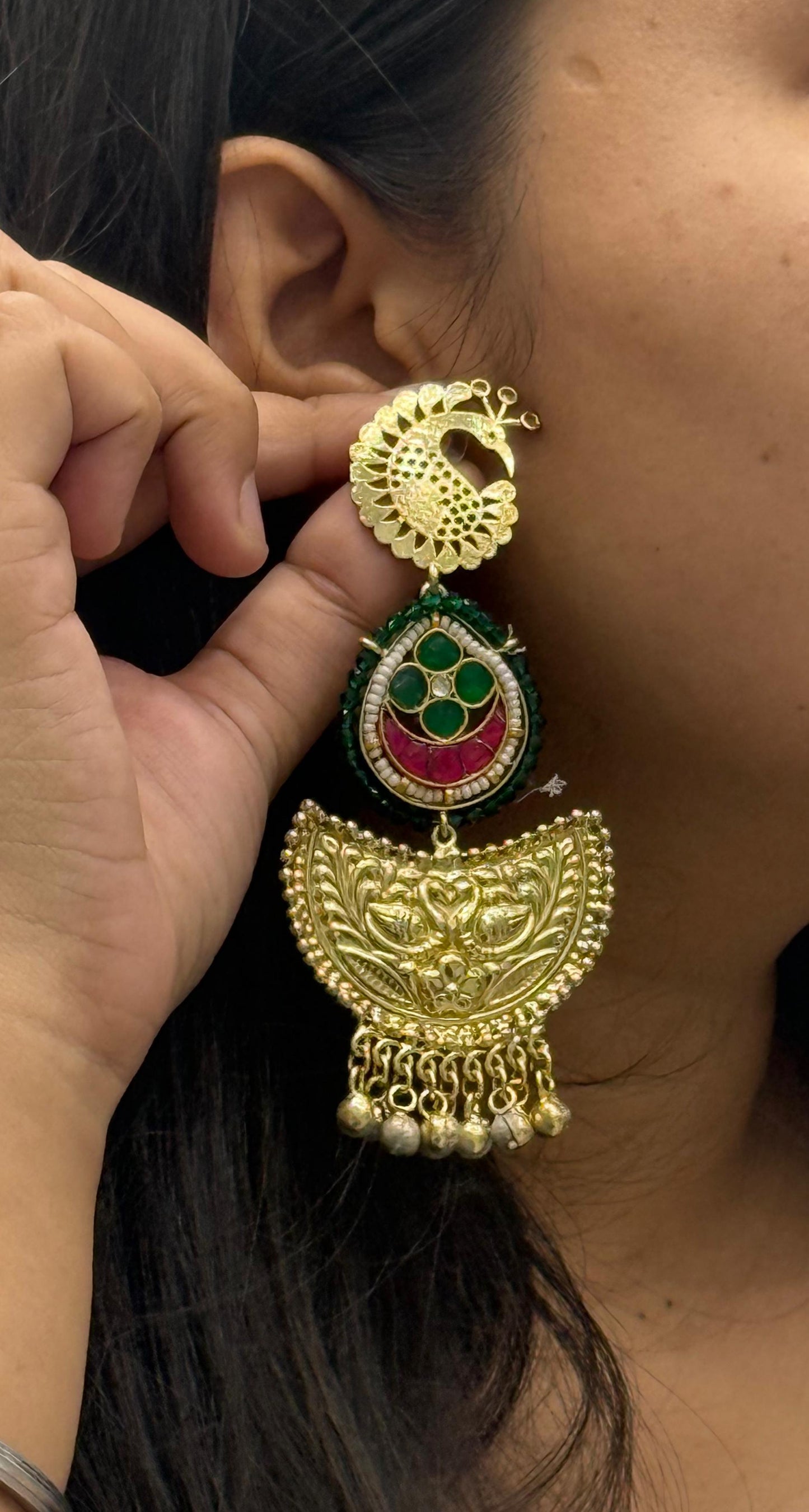 Long silver look alike in Golden Tone earrings in green for women