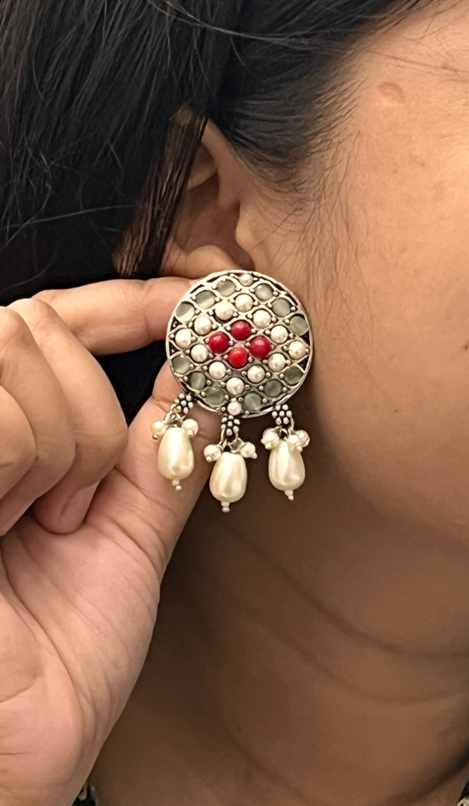 Harini red round silver look alike earrings with hanging pearl drops