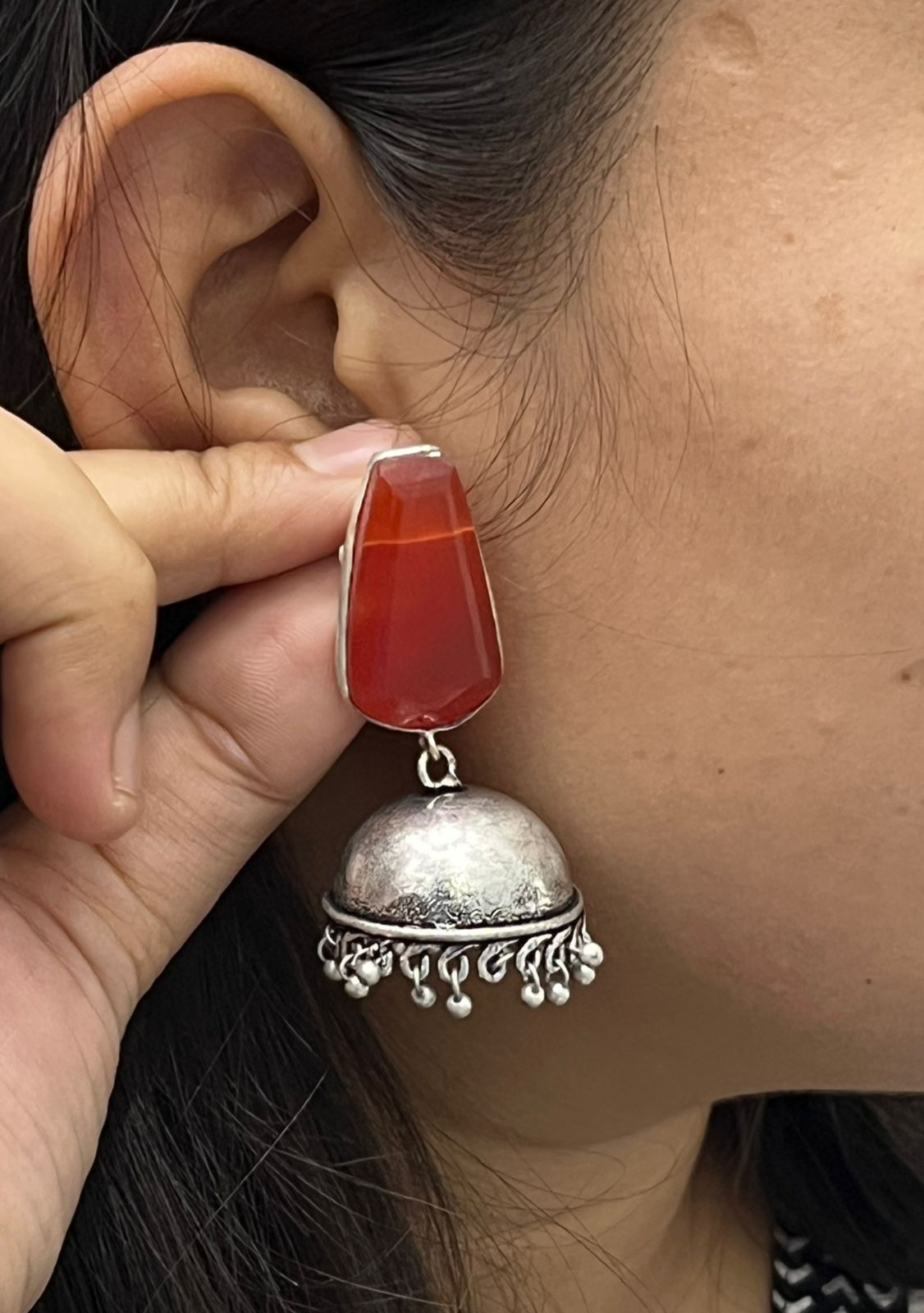 Ethnic Red Stone Jhumka Earrings with Antique Silver Finish