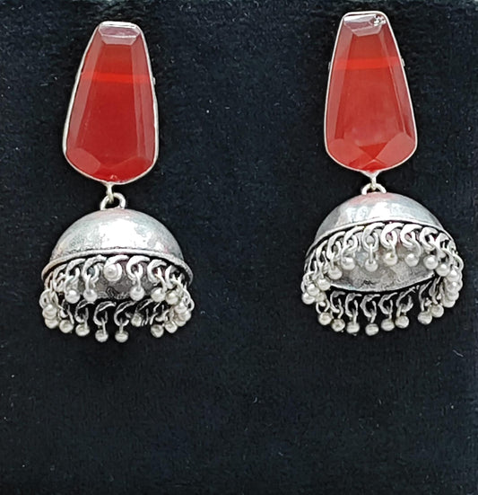 Ethnic Red Stone Jhumka Earrings with Antique Silver Finish