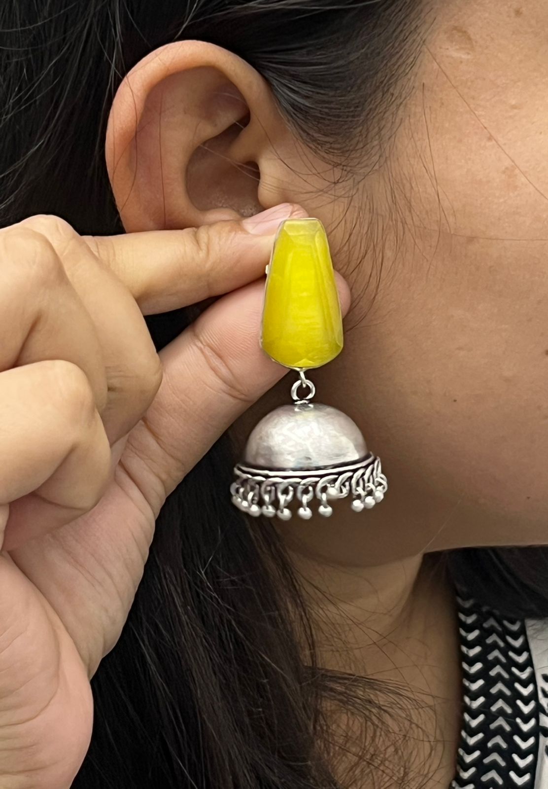 Ethnic Yellow Stone Jhumka Earrings with Antique Silver Finish