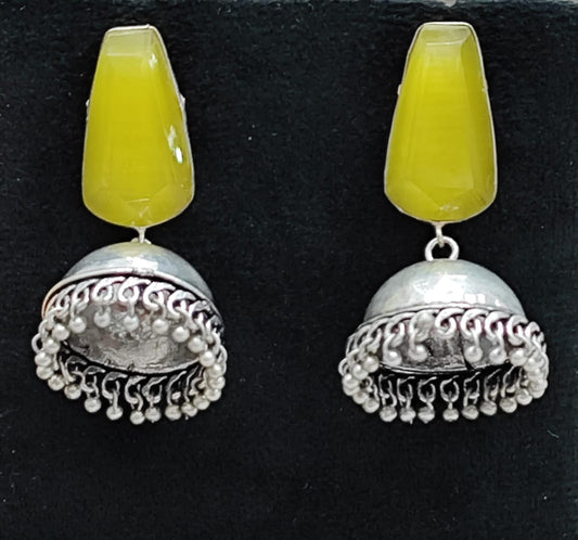 Ethnic Yellow Stone Jhumka Earrings with Antique Silver Finish