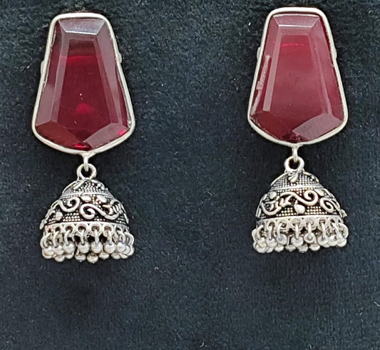 Ethnic Maroon Stone Jhumka Earrings with Antique Silver Finish