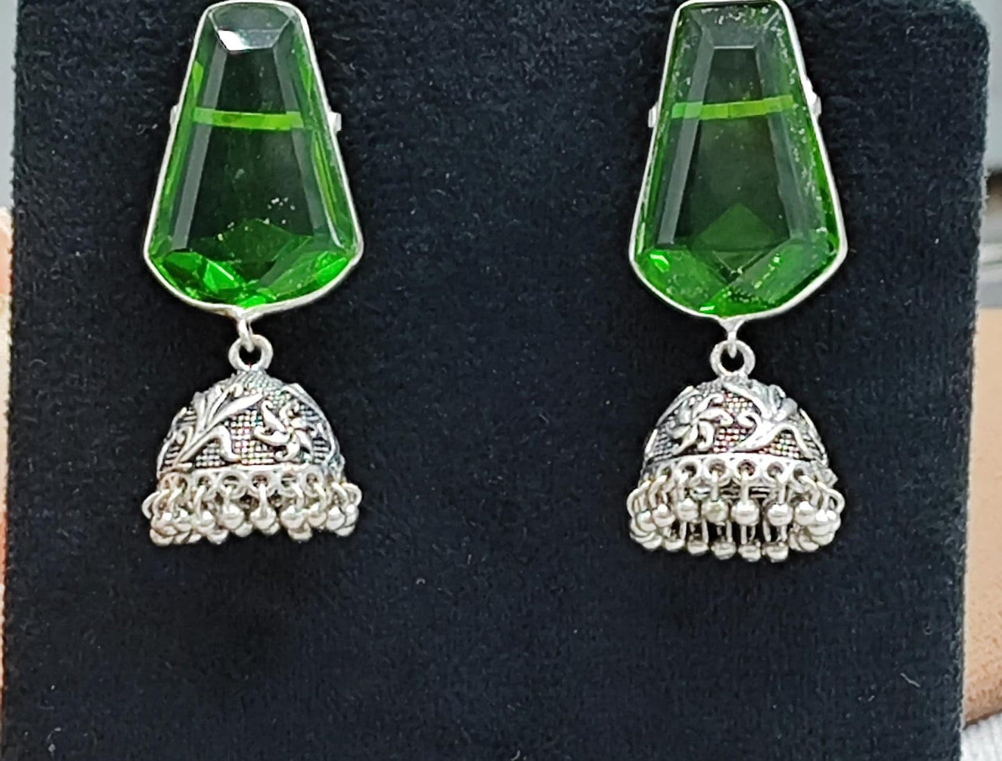 Ethnic Green Stone Jhumka Earrings with Antique Silver Finish