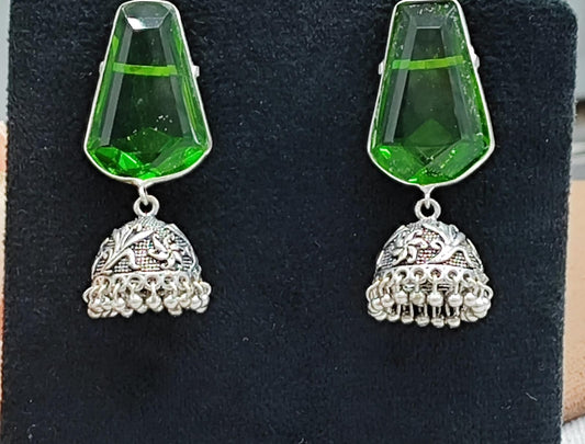 Ethnic Green Stone Jhumka Earrings with Antique Silver Finish