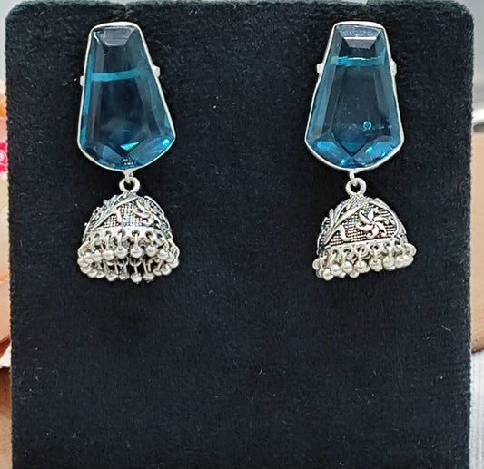 Ethnic Blue Stone Jhumka Earrings with Antique Silver Finish
