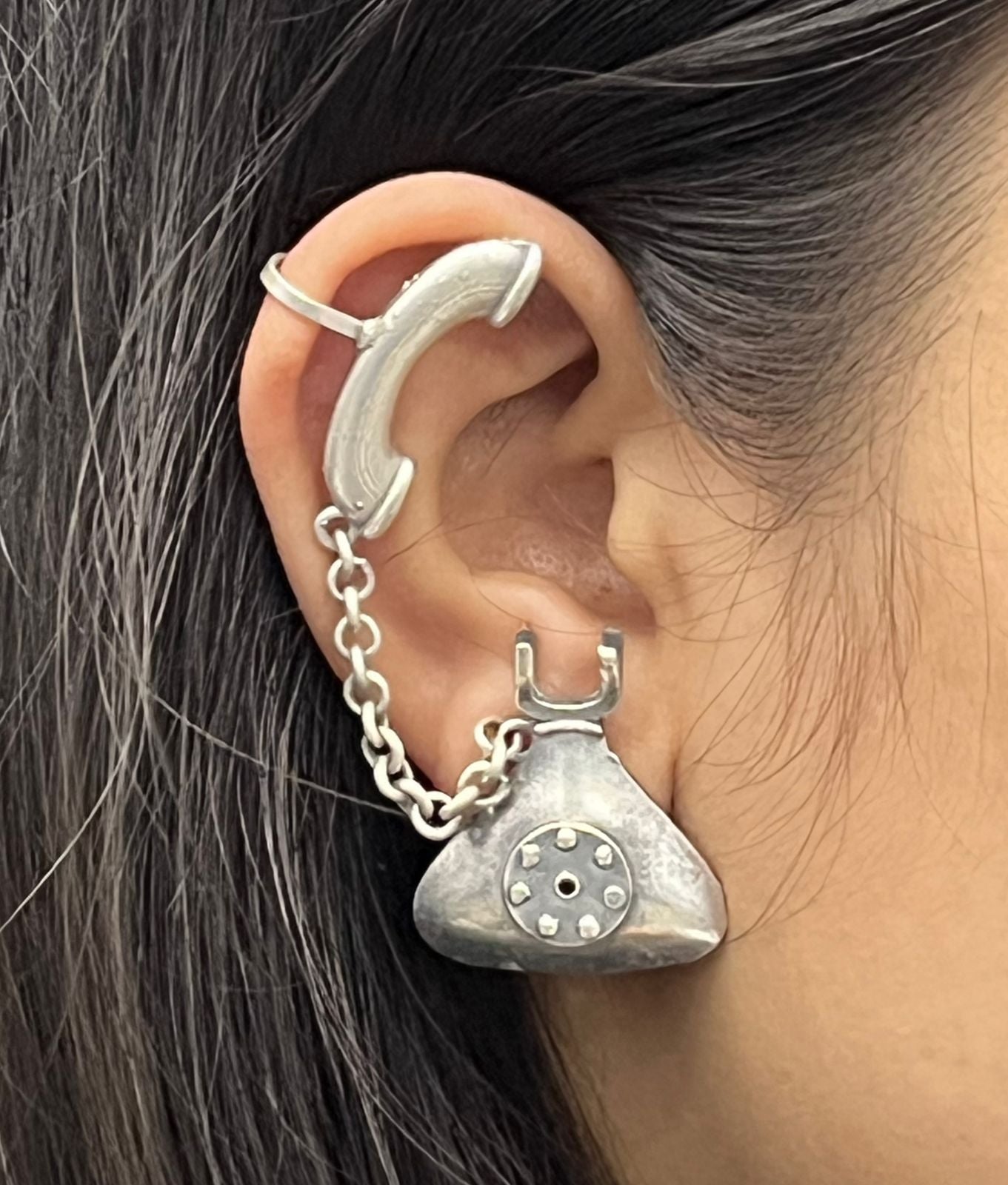 Oxidized Silver Statement Earrings with Vintage Phone Design