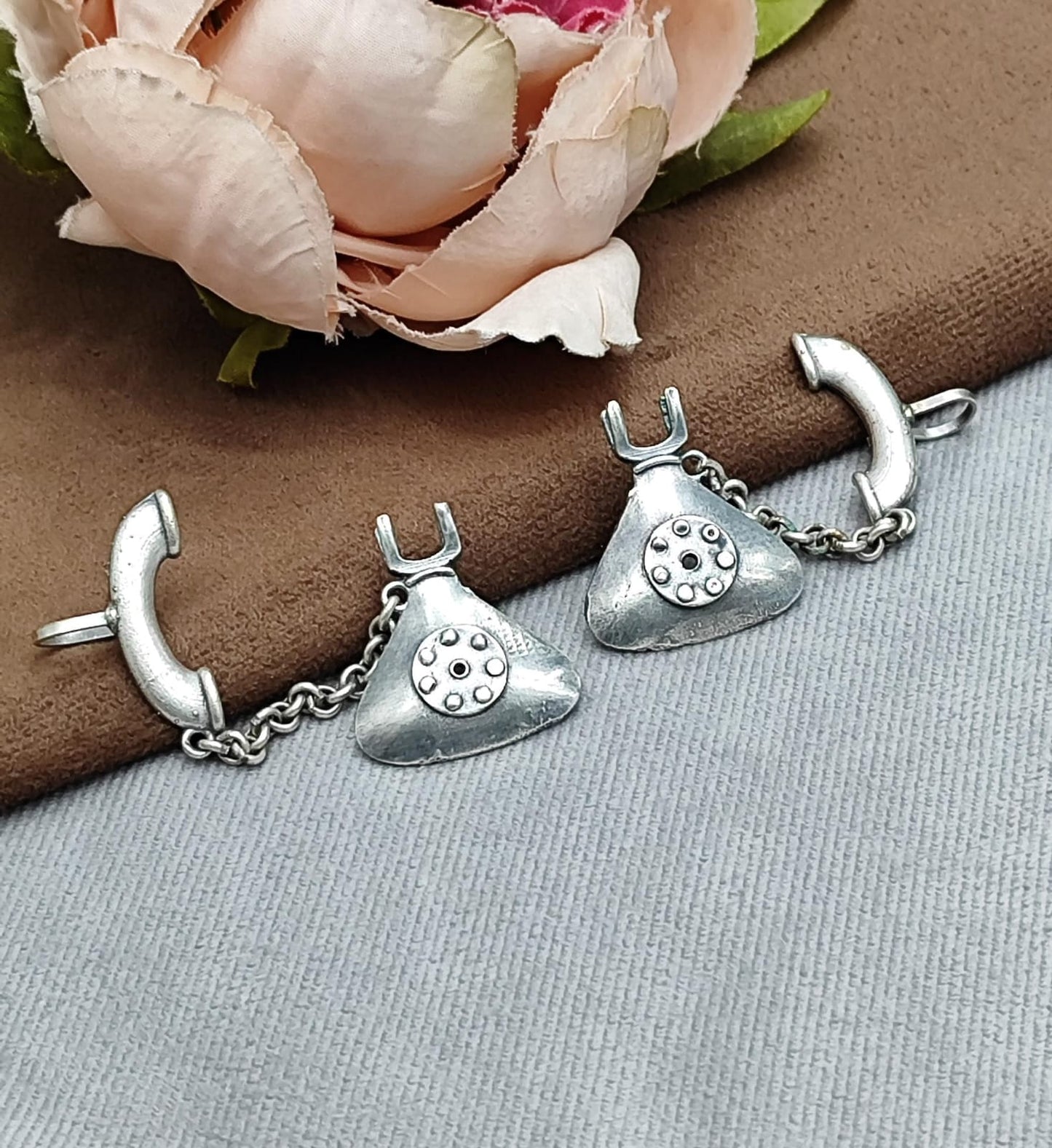 Oxidized Silver Statement Earrings with Vintage Phone Design