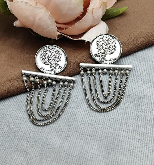 Ethnic Oxidized Peacock Coin Earrings with Layered Chain Detailing