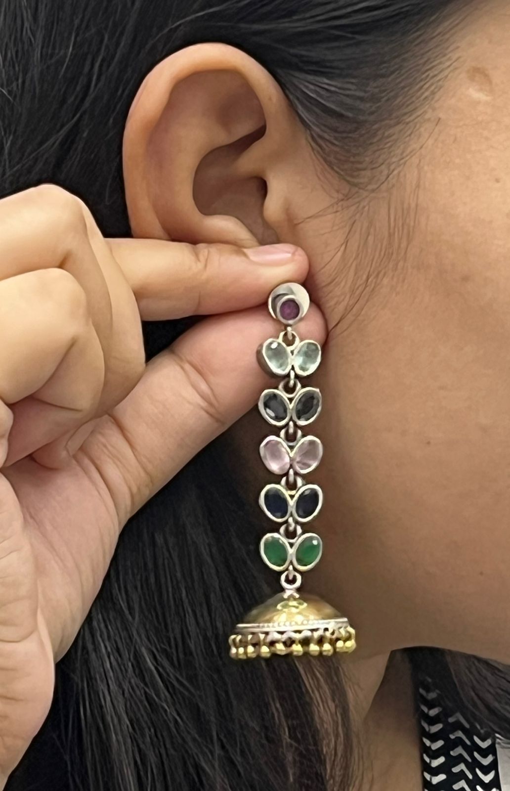 Multicolor Stone Jhumka Earrings with Gold-Plated Beaded Detailing