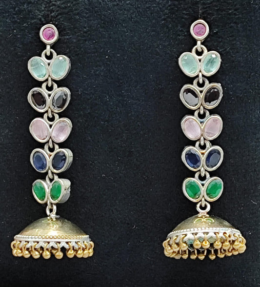 Multicolor Stone Jhumka Earrings with Gold-Plated Beaded Detailing