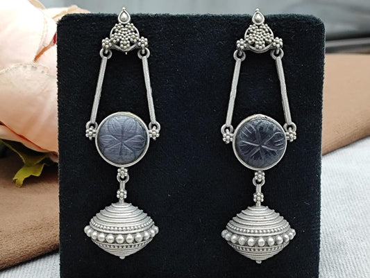 Ethnic Oxidized Long Earrings with Engraved Stone & Antique Dome Beads
