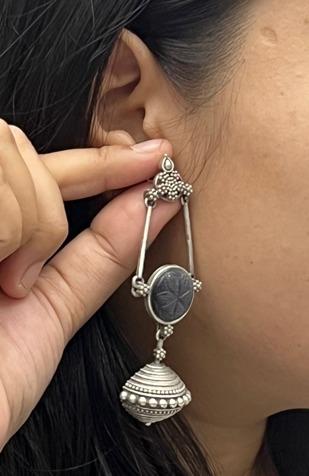 Ethnic Oxidized Long Earrings with Engraved Stone & Antique Dome Beads
