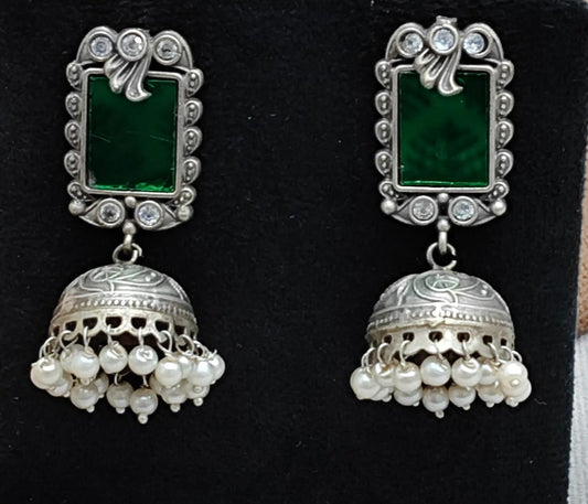 Oxidized Silver Jhumka Earrings with Green Stone Stud & Pearl Beads